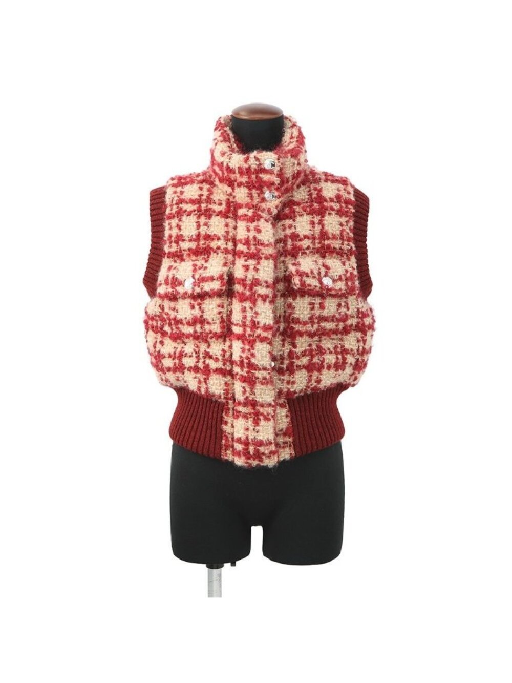 Chanel Down Vest Tweed Striped 34 Mohair Wool Red Beige
